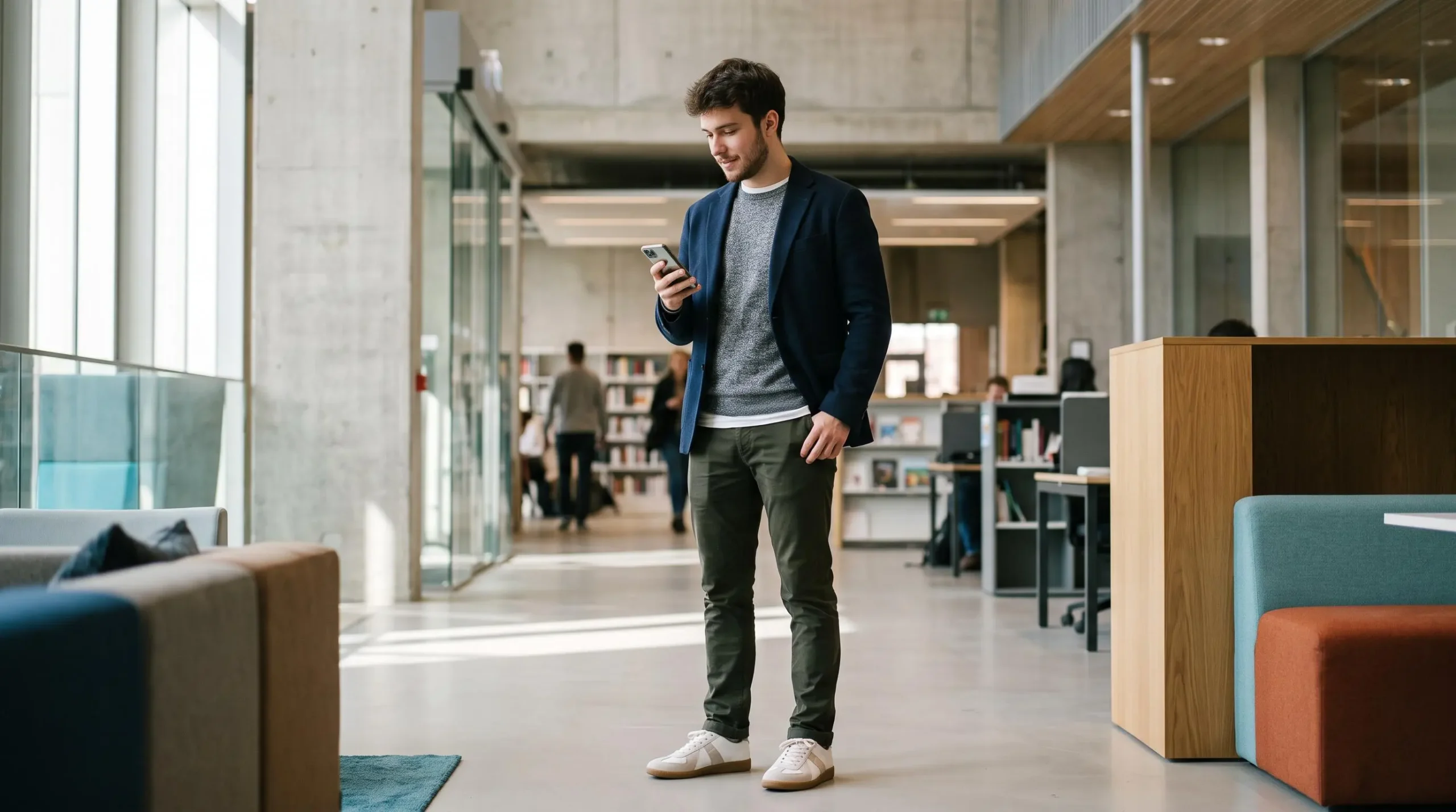 Un jeune alternant en tenue professionnelle décontractée vérifie son application bancaire sur son smartphone dans un environnement moderne
