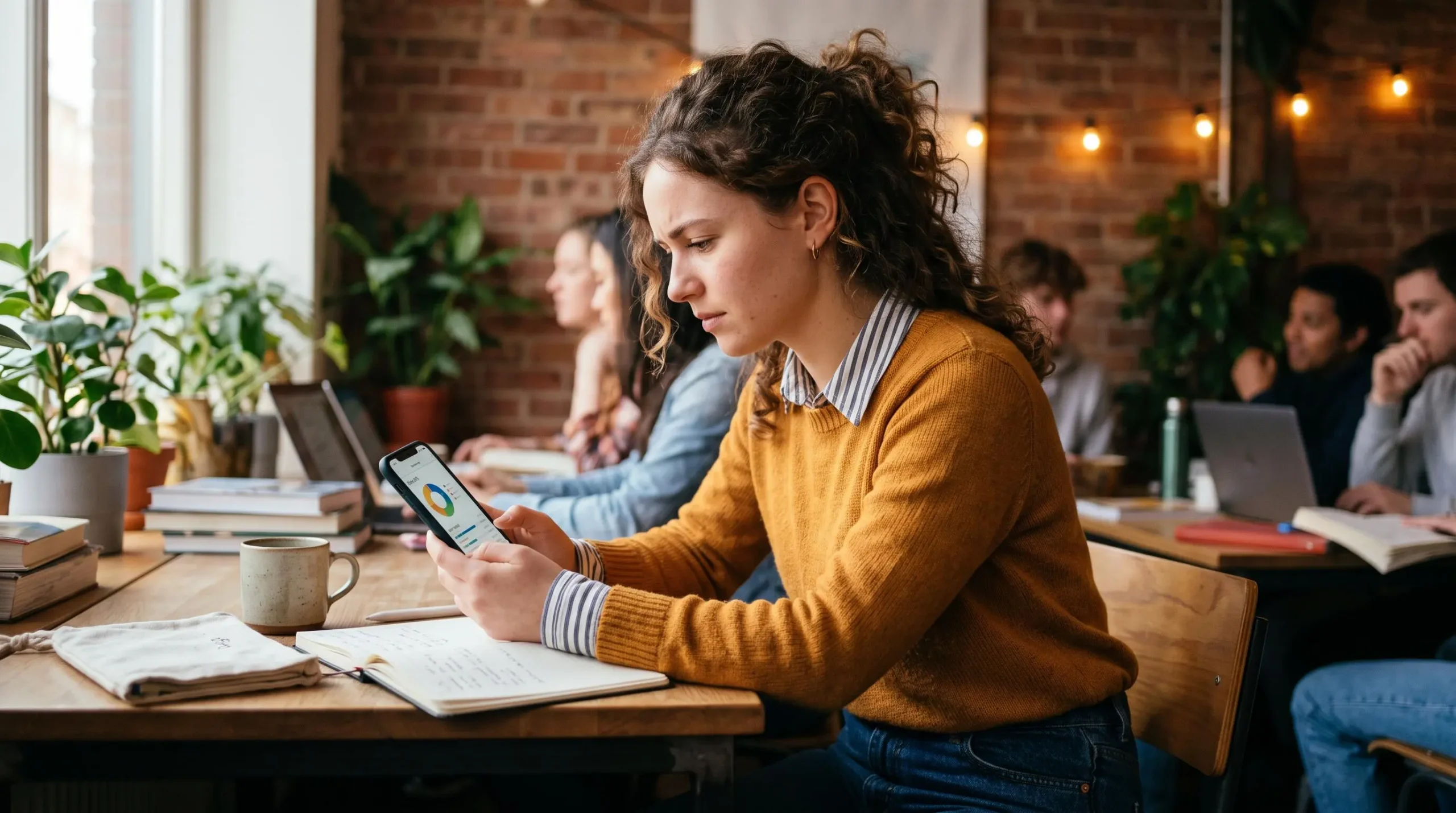 Un étudiant concentré analyse son budget sur son smartphone dans un café moderne avec une expression réfléchie