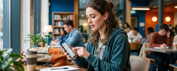 Un jeune étudiant consulte son application bancaire sur son smartphone dans un environnement moderne et lumineux