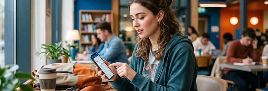 Un jeune étudiant consulte son application bancaire sur son smartphone dans un environnement moderne et lumineux